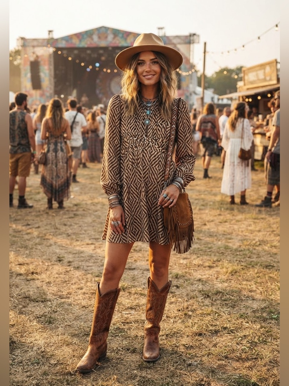Zara Geometric Printed Brown Pleated Long Sleeve Mini Dress size Small